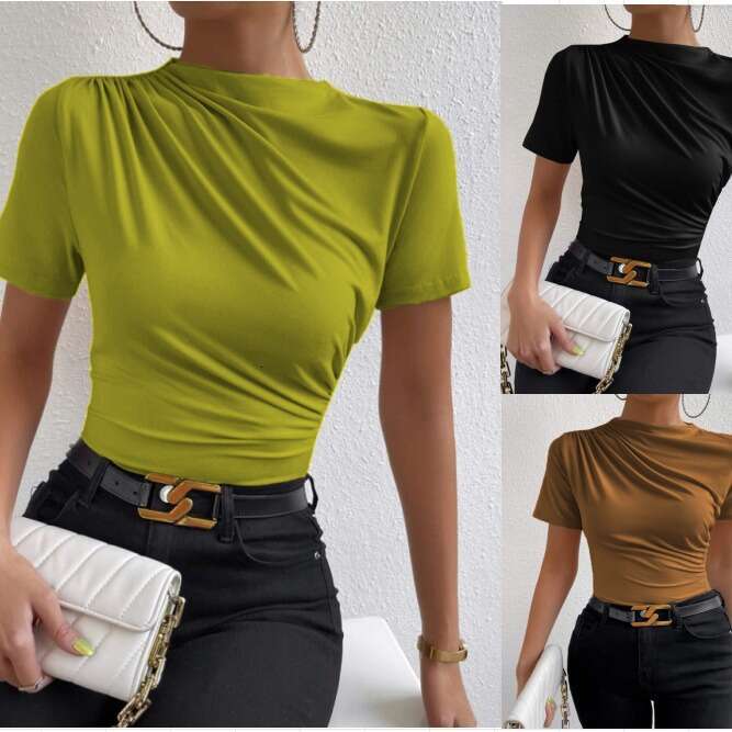 Cross-border European and American Summer New Fashion Versatile Solid Color Ruched Short Sleeve Slim Fit Pullover Top