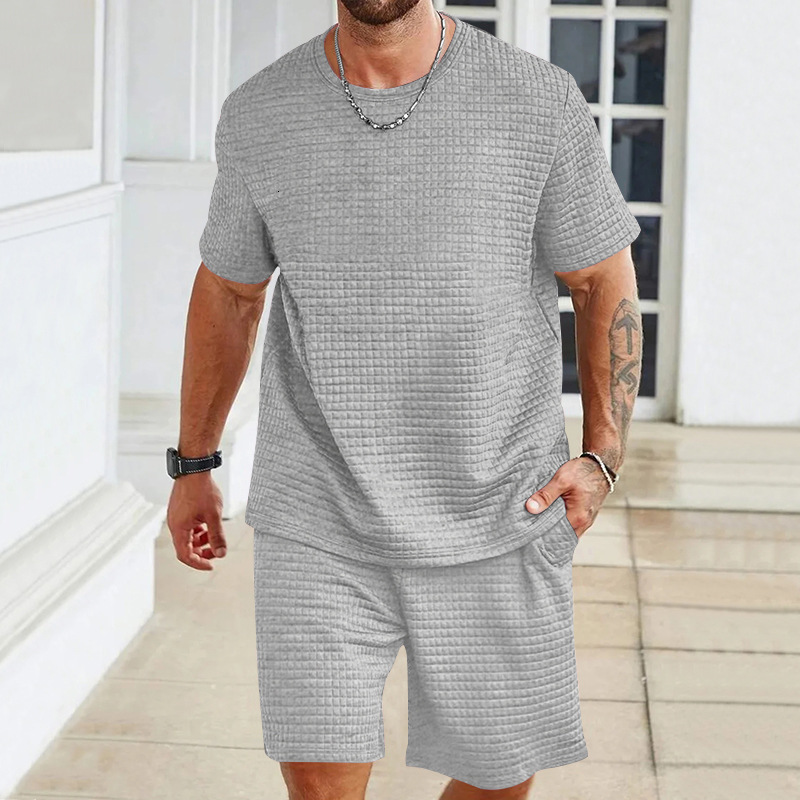 Leisure sports suit summer loose ice silk short sleeved T-shirt mens shorts handsome short sleeved two pieces