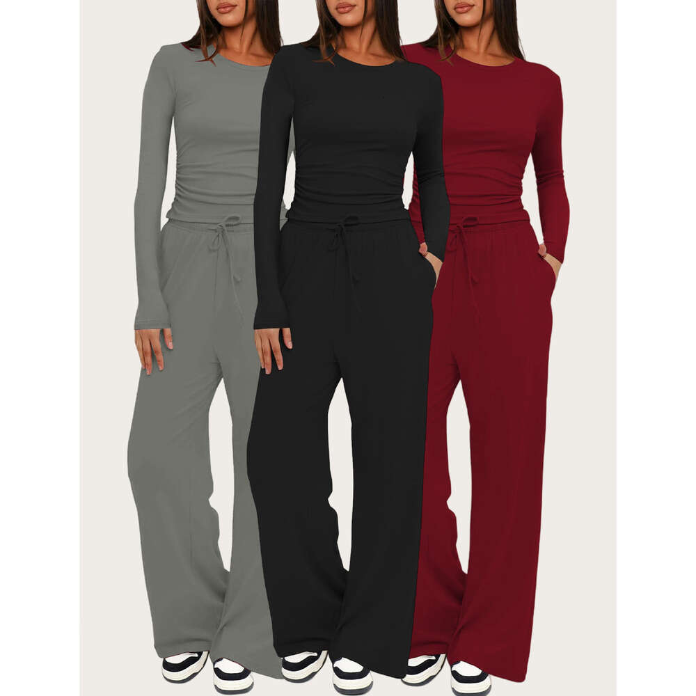 Hot-Selling Kardashian Solid Color Comfortable Wide-Leg Casual Pants Fashion Tie Suit Long Sleeve