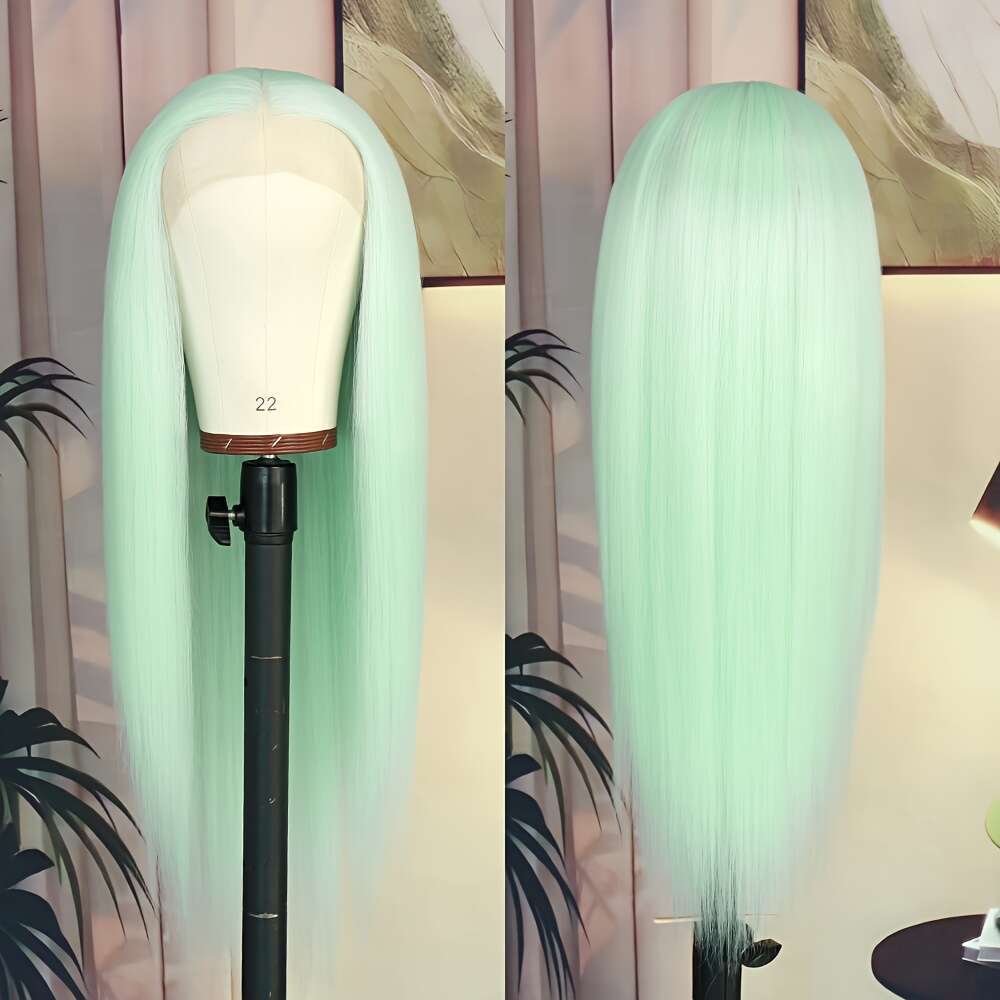 28-Inch Light Green Glueless Wig - Long Straight Heat-Resistant Hair, Pre-Plucked Middle Part, 180% Density, 13X4 Women, Perfect For Daily Wear & Part