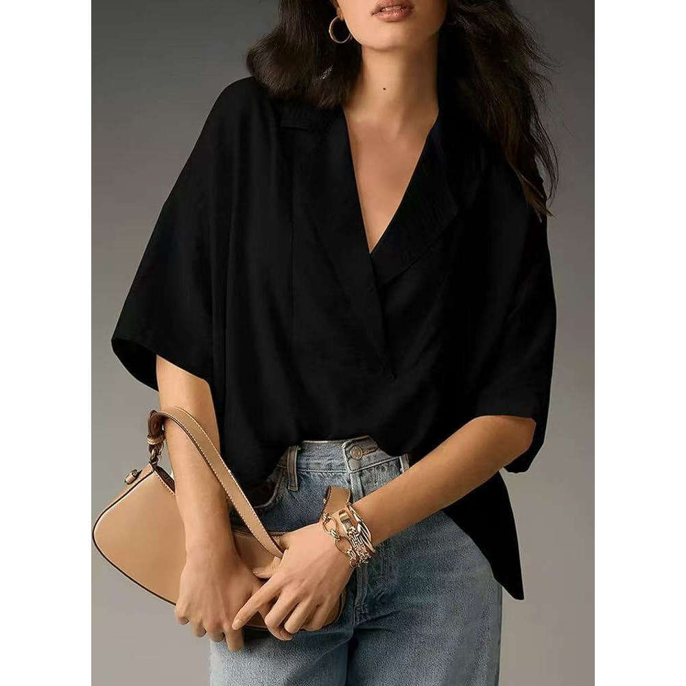 2025 Amazon European and American Foreign Trade Women's Summer New Short Sleeve Turn-Down Collar Casual Loose Top Solid Color Shirt