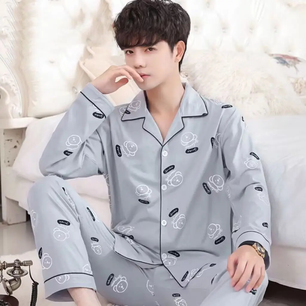 Spring/Summer Cotton Mens Sleepwear Long Sleeve Trouser Sleepwear Youth Leisure Home Set 250410