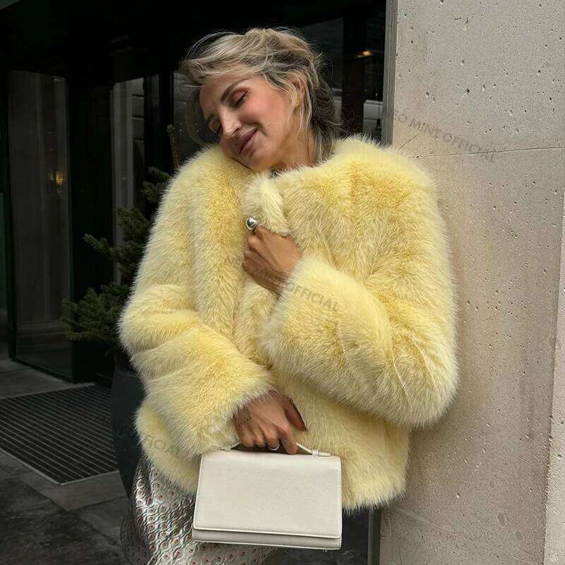 Neo Mint Cool Street Girls Winter Fashion Fluffy Fox Jacket Women Casual Round Neck Faux Fur Coat Chic Thick Warm Outerwear