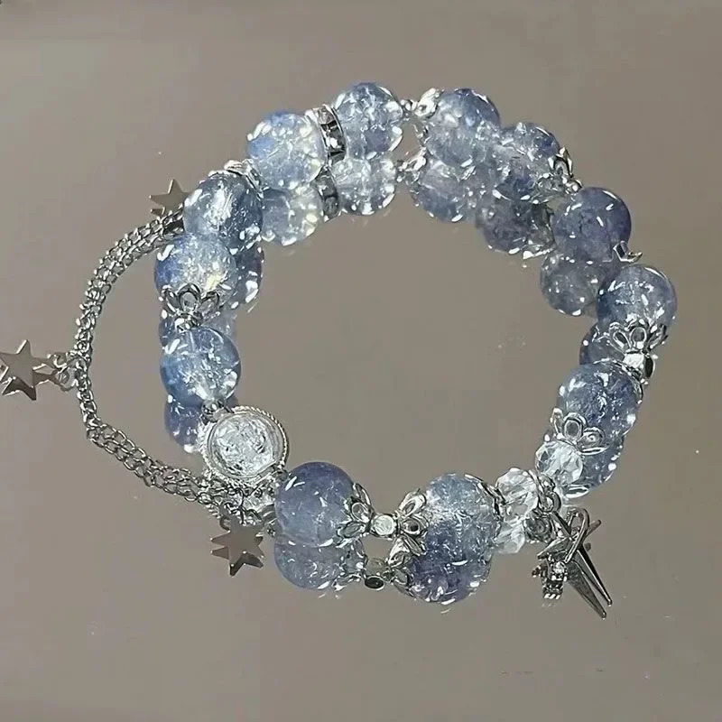 Niche Star Chain Tassel Bracelet for Women Fantasy Blue Crystal Beads Elastic Rope Bracelet Friend Jewelry Gifts 250409