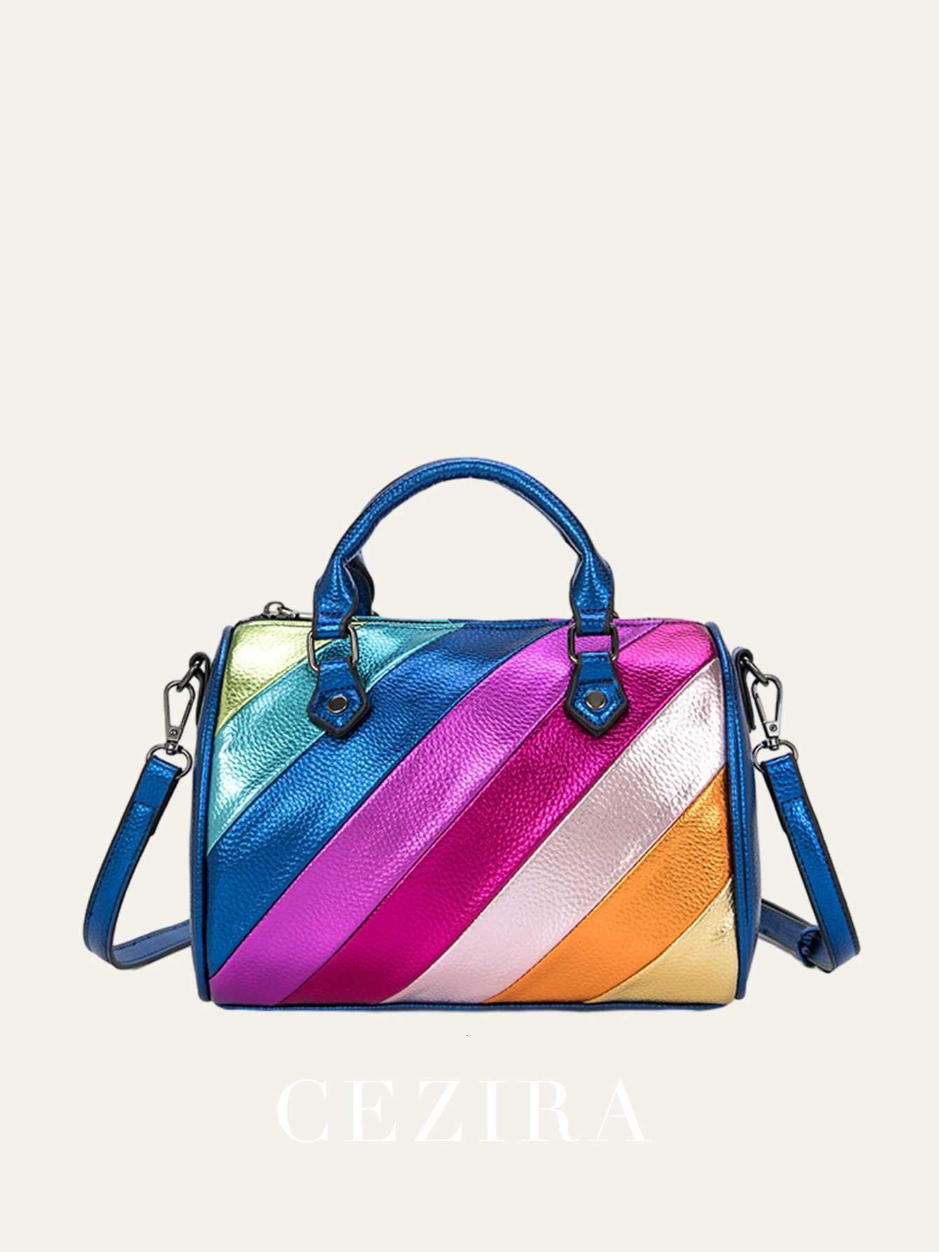 CEZIRA Luxury Metallic PU Vegan Leather Boston Bag Women Fashion Colorful Stripes Patchwork Top-handle Purse Crossbody Handbags K251110