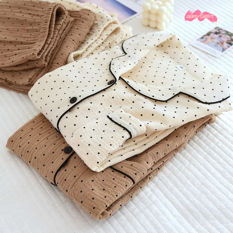 100% Cotton Gauze Women Pamas Polka Dot Print Sleepwear 2025 Spring Female 2 Piece Set Nightwear Lady Pyjamas Loungewear ddmySept