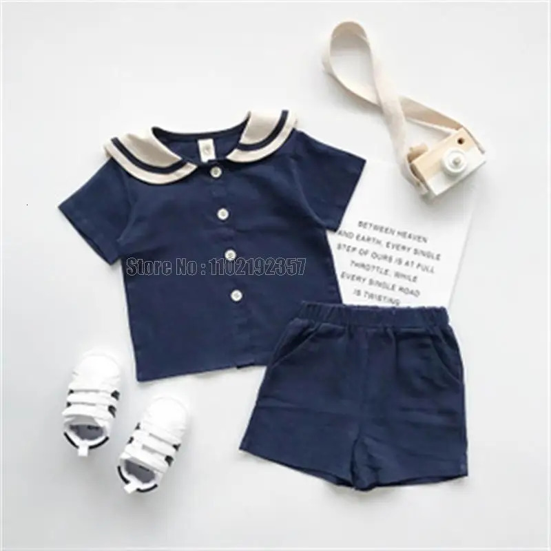 Navy style childrens sailor collar cotton linen T-shirtpants 2-piece summer clothing set for boys and girls 250409