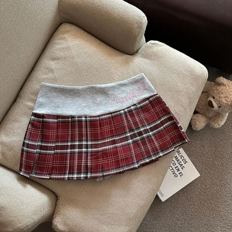 Harajuku Sweet Pink Letter ed Plaid Splitting Skirts for Women Summer High Waist Slimming Anti Exposure Wrinkle 250410
