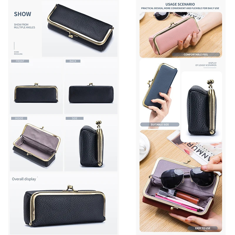 Leather glasses case fashionable pencil case with kiss lock coin wallet womens travel sunglasses case eyebrow pencil case 250409