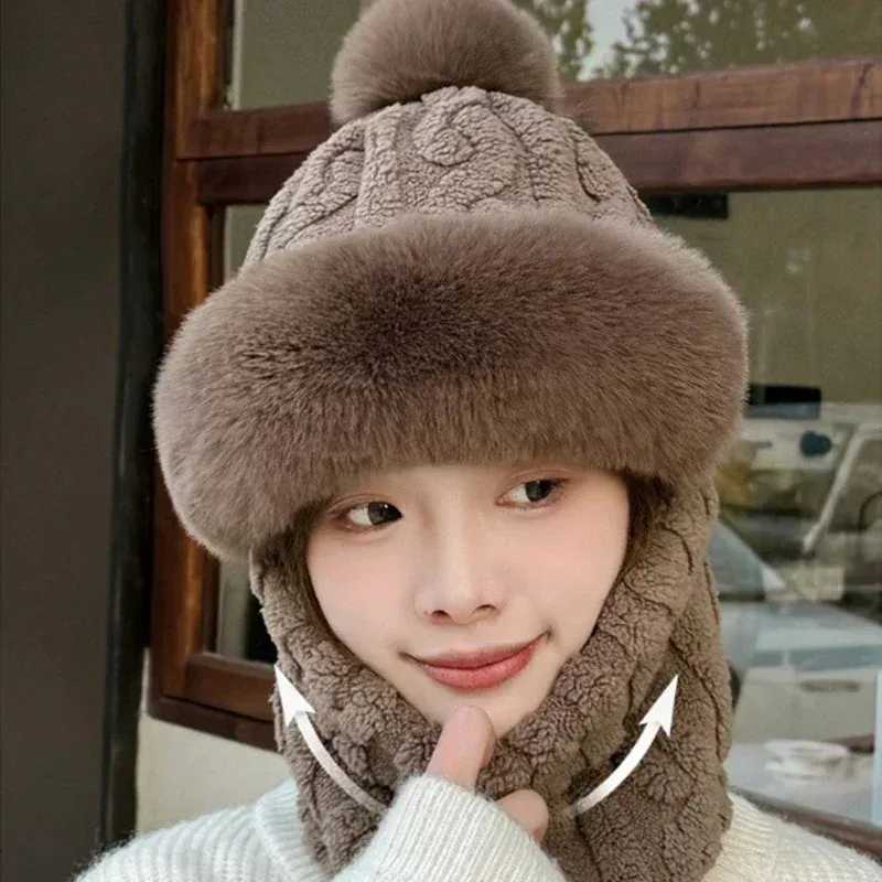 Winter Beanie Hat Scarf Mask One-Piece Fleece Pom Beanies for Women Warm Bonnet Ears Protection Multifunctional Skiing CapsXJ251110