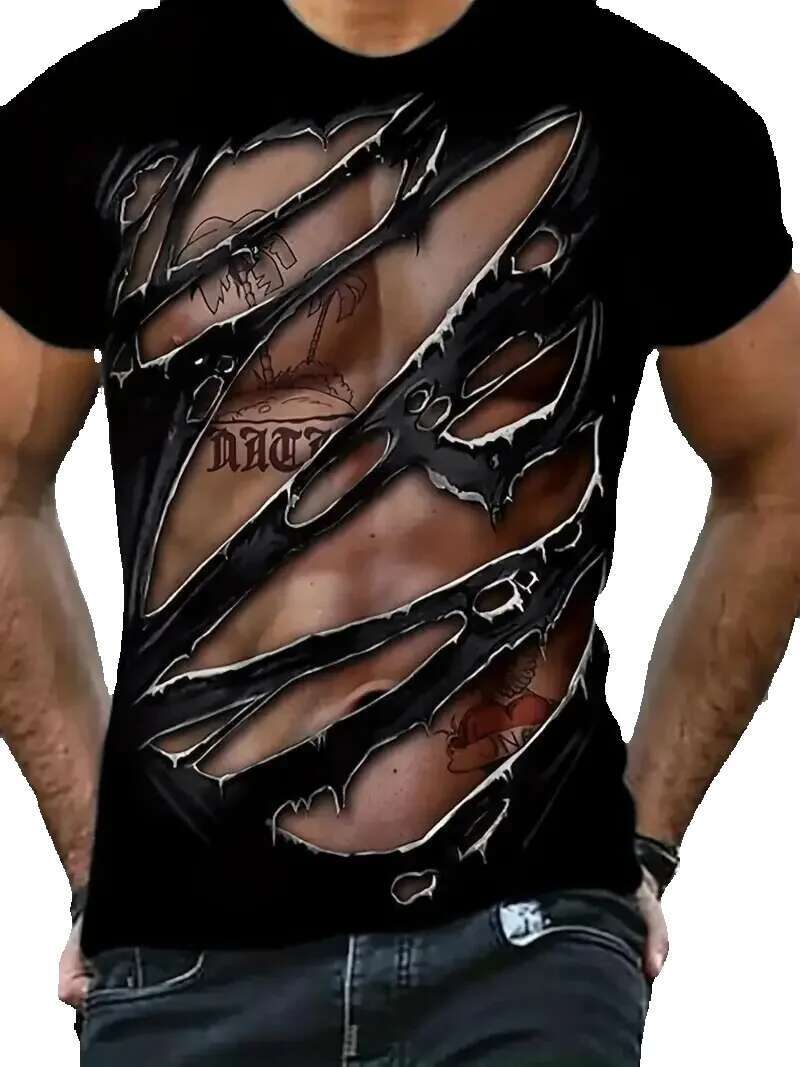 Men's summer clothing, 3D realistic muscle pattern printed T-shirt, casual streetwear style polyester short sleeved round neck T-shirt