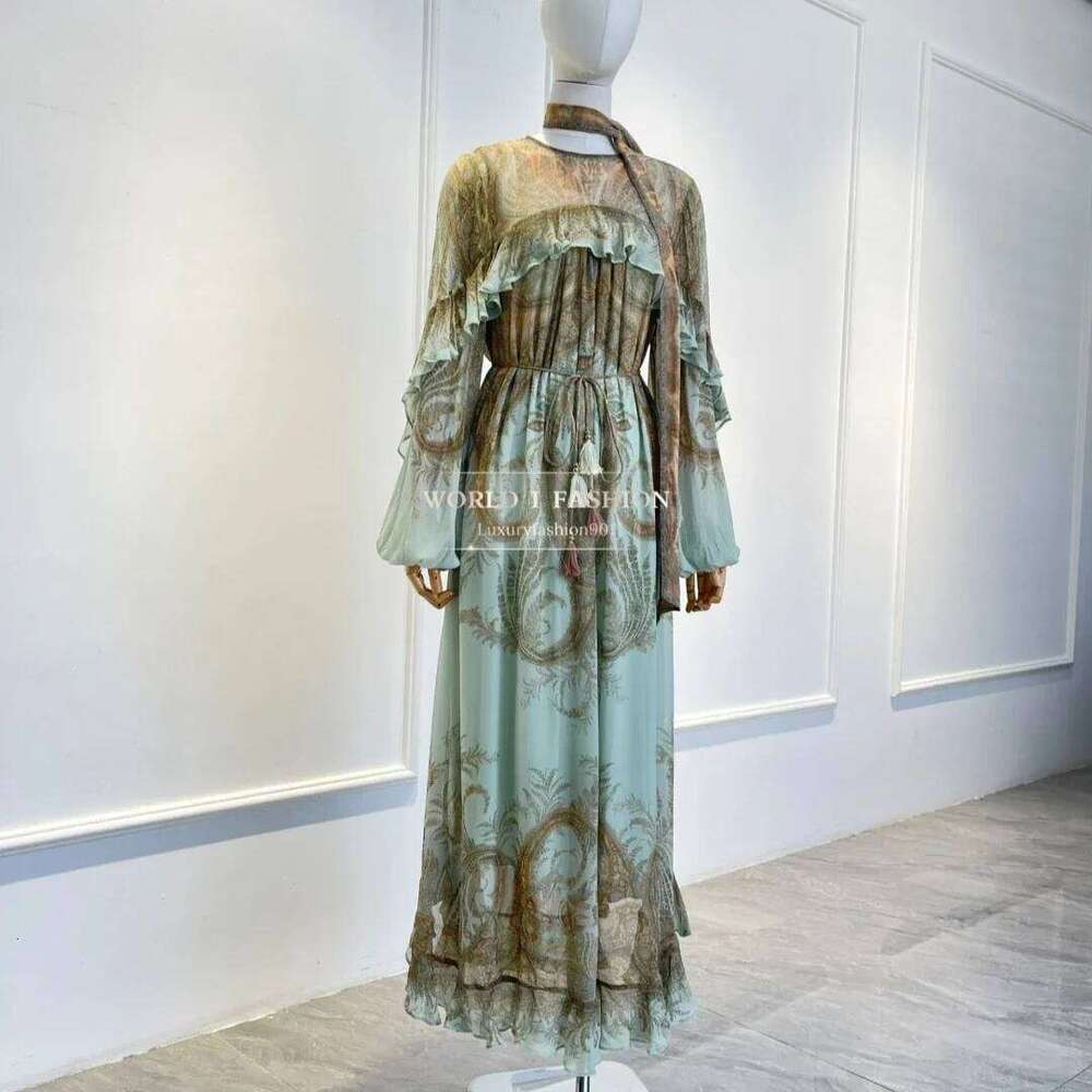 2026 Autumn New Women Elegant Suit Mint Green Paisley Print Ruffles Long Sleeve Midi Dress Hot Sale