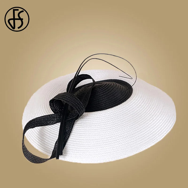 FS Fascinators Black White Wide Brim Pillbox Hat for Women Dressy Wedding Accessory Church Fedoras Ladies Derby Sraw Material 250409