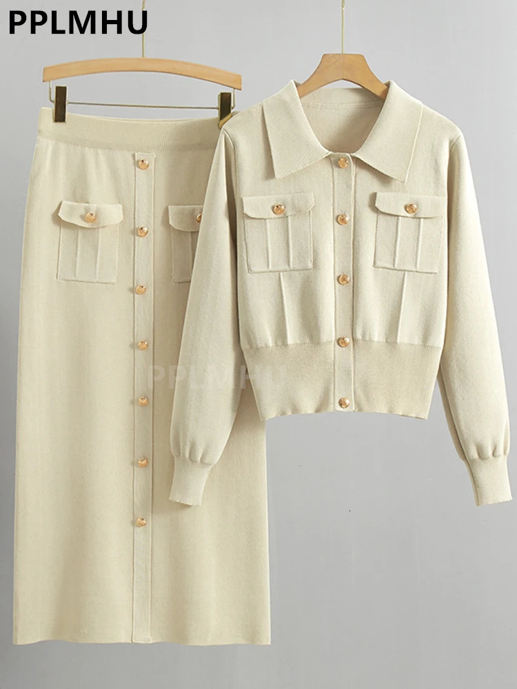 Korean Bodycon Knit Skirts Conjunto Women Chic Polo Collar Short Sweater Cardigan 2 Piece Sets High Waist Slim Mid Faldas Outfit 251110