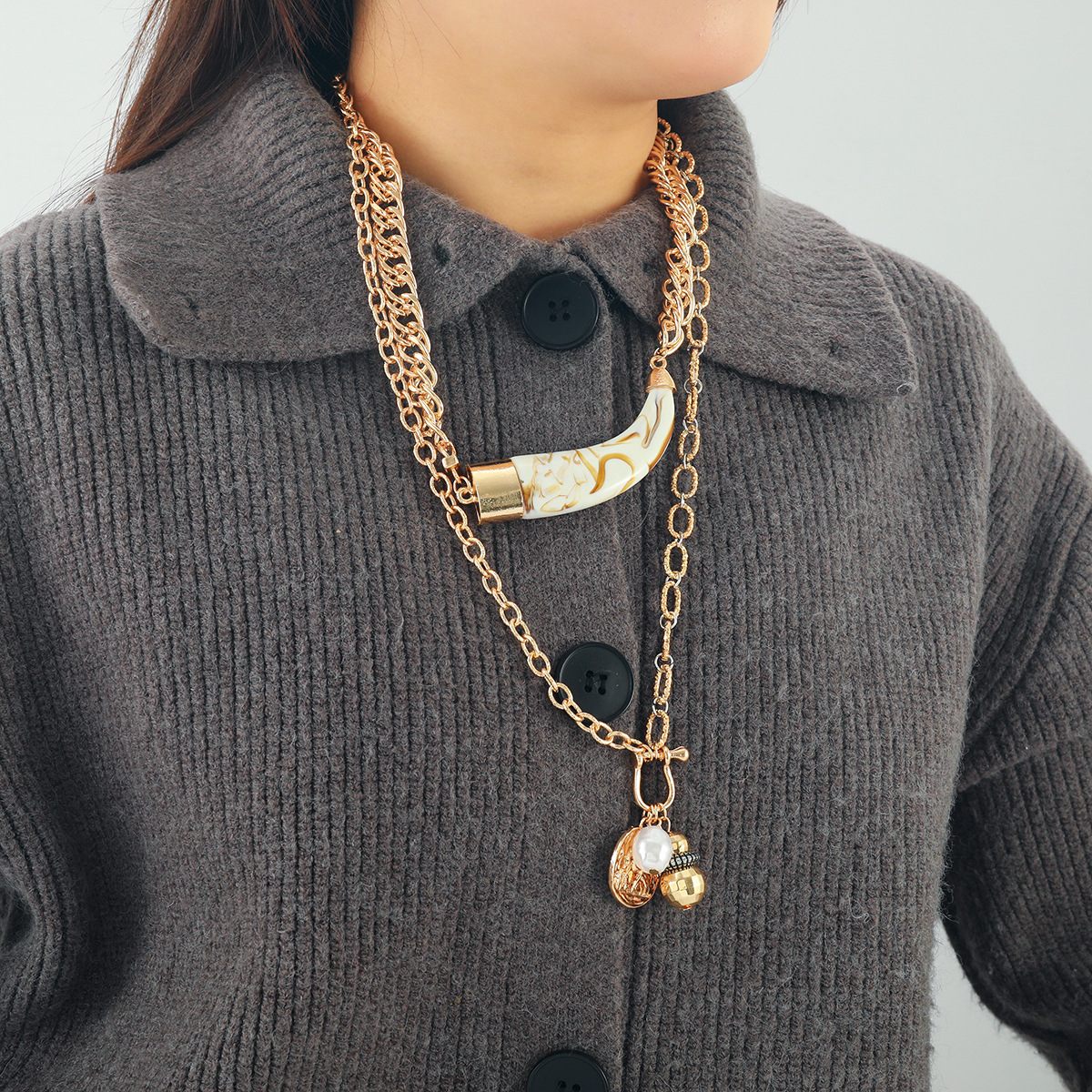 Trendy Cow Horn Multi Layer Necklace With Pearl Inspired Geometric Design Womens Beach Accessories Punk Chain