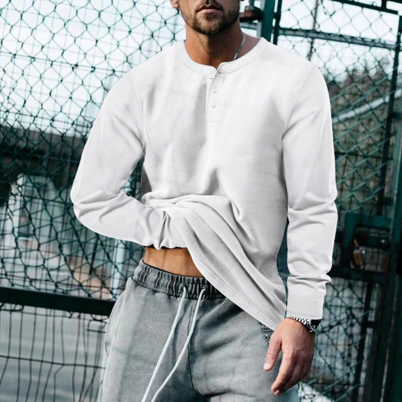 2024 mens spring and autumn round neck long sleeved T-shirt loose fitting pullover casual solid color T-shirt base shirt