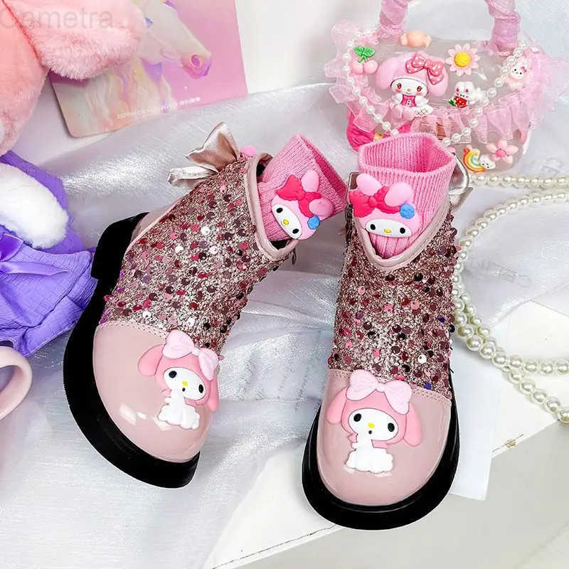 Sanrio Kuromi My Melody Childrens Short Boots Girl Princess Leather Shoes Sequin Baby Autumn Soft Sole Non Slip Casual Shoes H251110