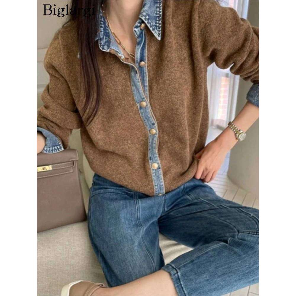 Knitted Autumn Cardigan Women Denim Patchwork Fashion Ladies Cardigans Korean Style Loose Casual Woman Sweater Coats