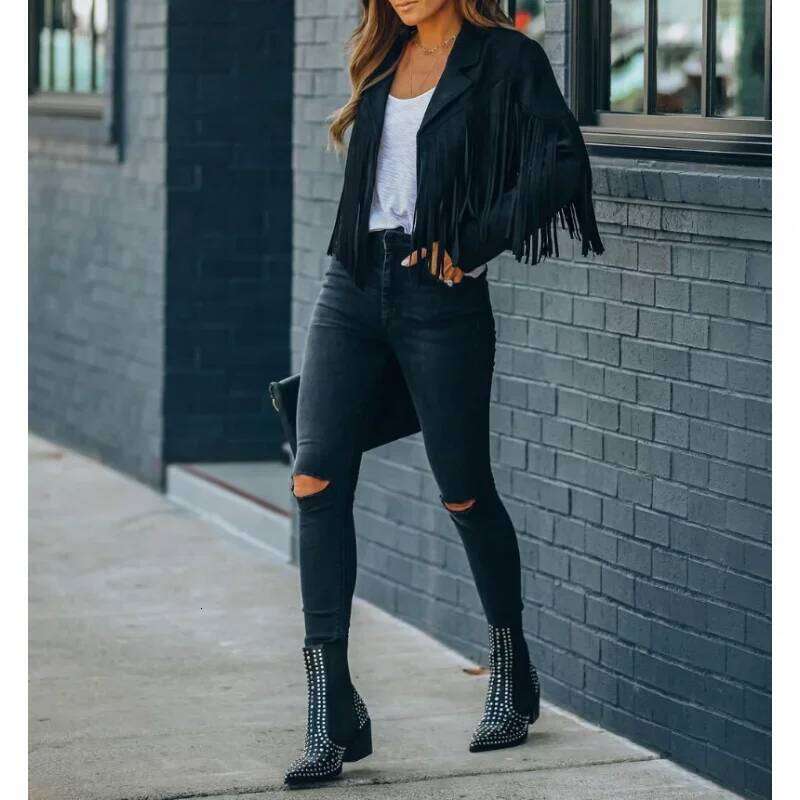 Fashion Winter Women Fringed Hem Tassel Cardigan Crop Topsr Suede Leather Jacket Vintage Streetwear Cool Coat