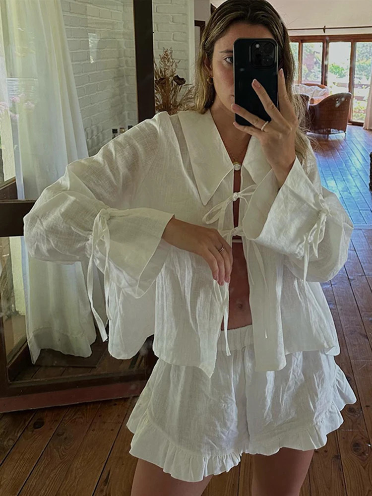 Solid color linen lace top bow shirt for women short sleeved top lapel lantern sleeve shirt pleated pants summer women 2-piece set 250409