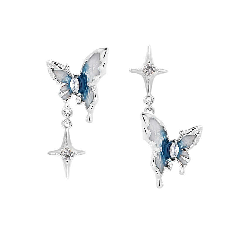 925 Silver Needle Blue and White Oil Drop Butterfly Icy Temperament High-end Zircon Exquisite Versatile Earrings for Women