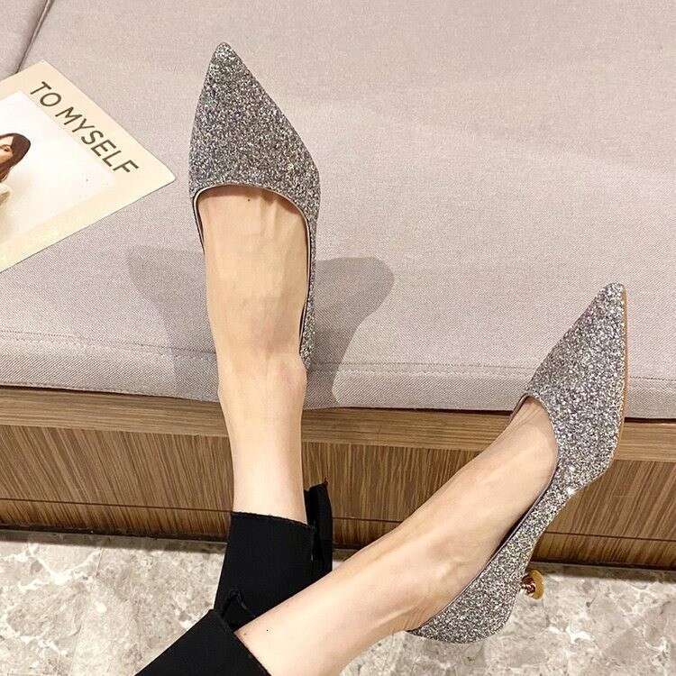 Woman Sandals Temperament Shallow Mouth Large Women S Autumn New Low Heel End Single Shoes With Sparkling Pointed Points Not Exhausting Feet High Heel