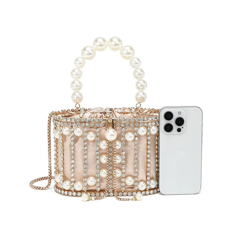 Pearl Evening Bag Rhinestone Bucket Bag Diamond Handbag Women Elegant Metal Cage Clutch Purse Chic Hollow Out Shoulder Bags R251110