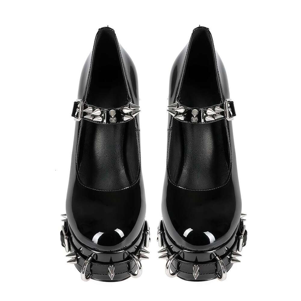 Women's Studded Metal Buckle Platform Heels - Black Synthetic Cover Shoes With Spikes, Round Toe, All-Season Fashion Footwear, Comfortable Rubber
