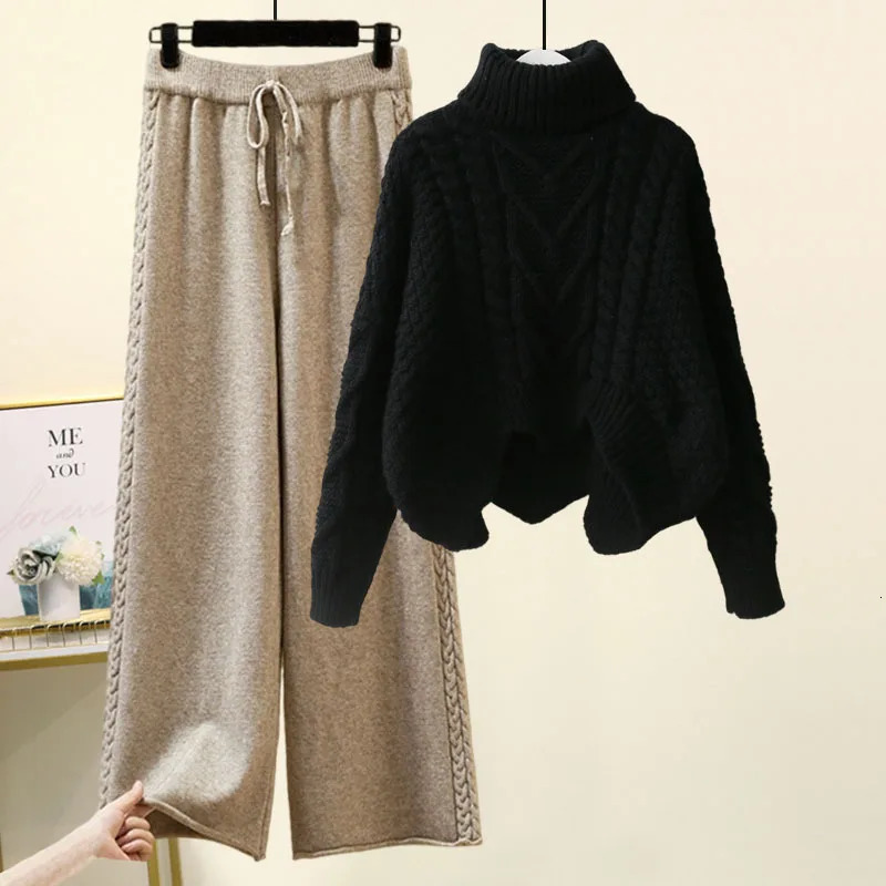 Sweater Suit Women Knitting 2 Piece Sets Pullover Top Jumper Turtleneck Wide Leg Pants Ensemble Winter Thick Knitwear Outfits 251110