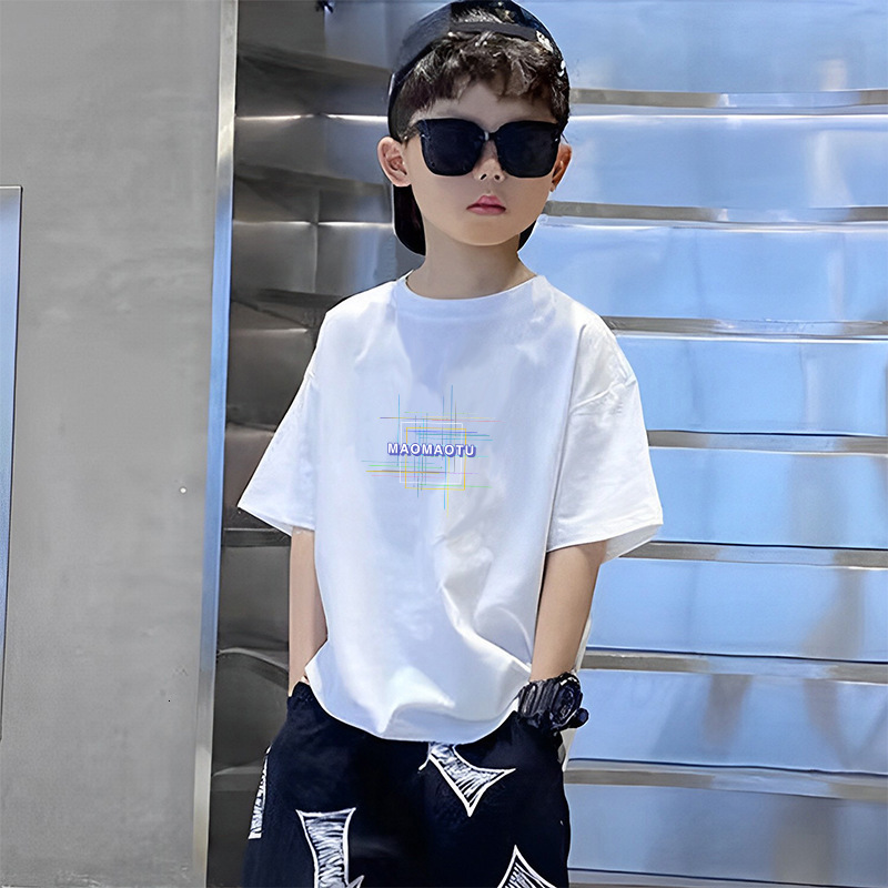 GS- Ddmyshoesvip Boys Short Sleeved Wear New Item Fashionable Handsome Cotton Children S Summer White Trendy T Shirt For Middle Aged And Large Childre