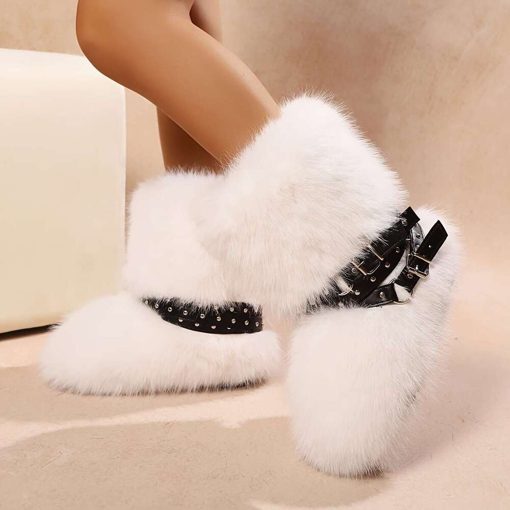 Women's Faux Fur Winter Warm Boots - Cross Strap Design, Mid-Calf Round Toe Slip-On, Non-Slip Rubber Sole With Fleece Lining, Available In Black/