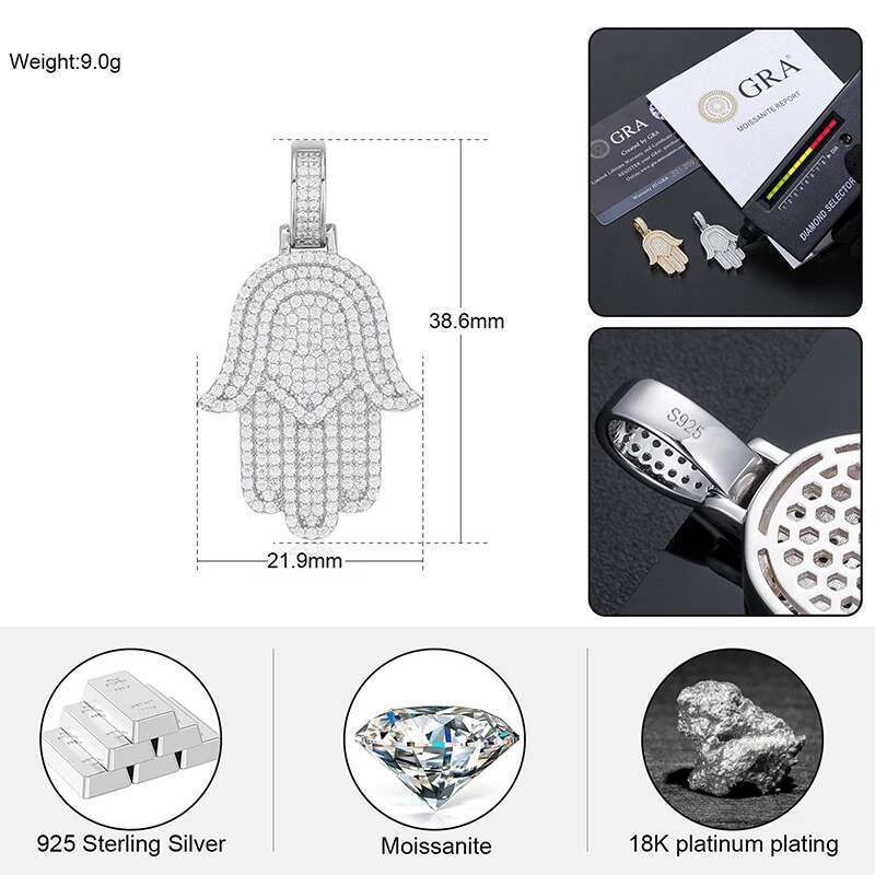 New Moissanite Iced Out Bg Hamsa Hands Pendants Necklaces S Sier Charm For Men Women Hip Hop Jewelry Passed Dia Test