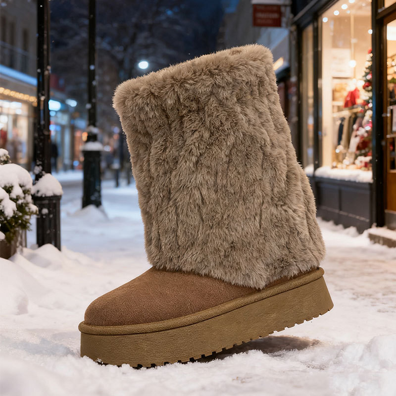 New designer snow boots with winter wool lining, thickened fluffy cotton shoes, fashionable midsole boots