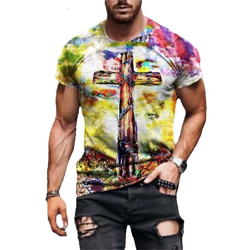 Men's short sleeved T-shirt, casual streetwear, fully printed, vibrant Christian cross, brand new