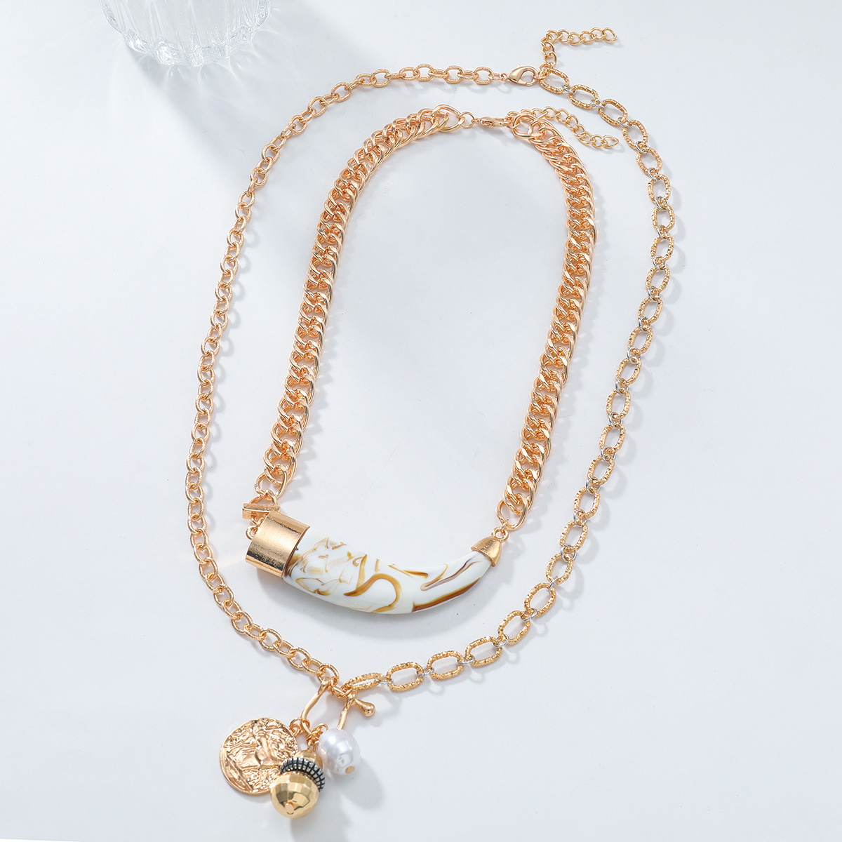 Trendy Cow Horn Multi Layer Necklace With Pearl Inspired Geometric Design Womens Beach Accessories Punk Chain