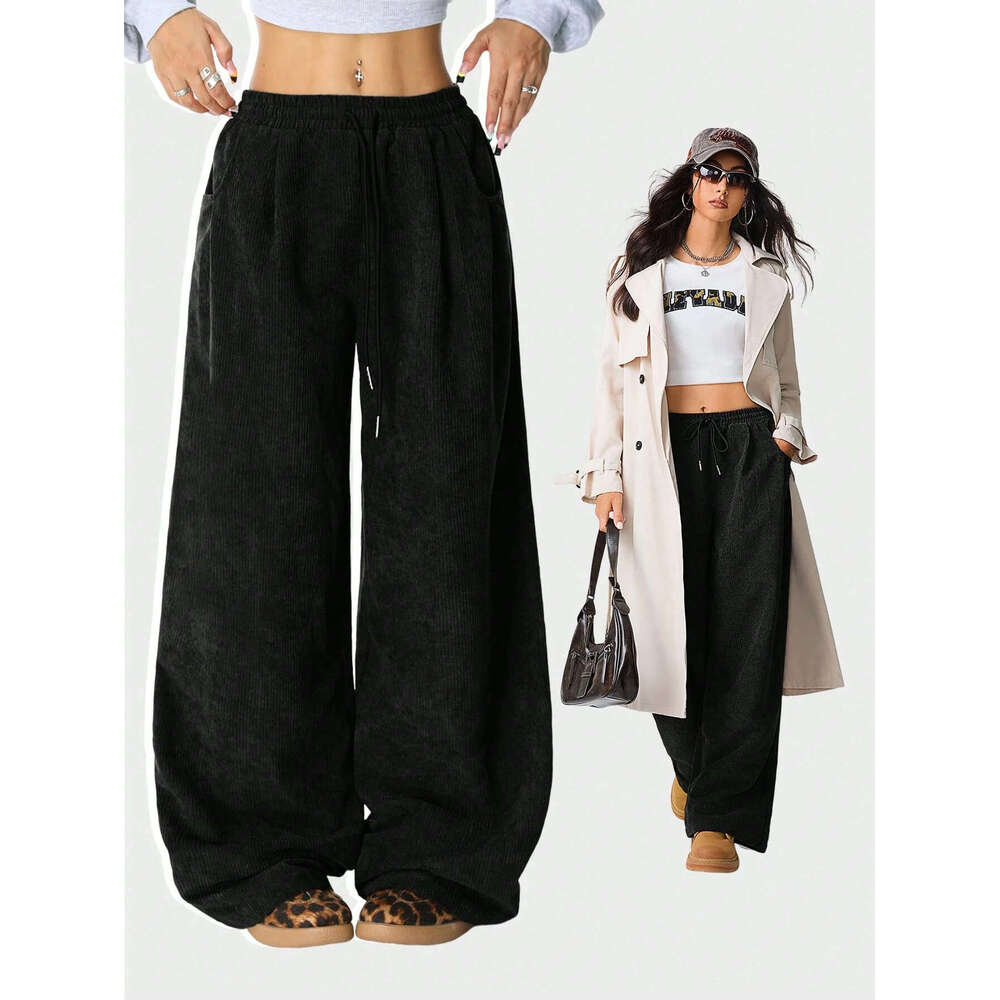 2025 Cross-Border European and American Amazon New Lazy Style High-Waisted Casual Versatile Draped Drawstring Wide-Leg Pants