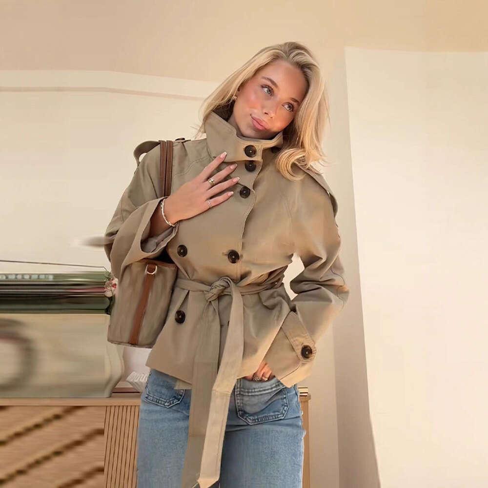 European and American Cross-Border Autumn Winter New Women's Fashion Elegant Commuter Stand Collar Double-Breasted Waist-Tie Trench Coat