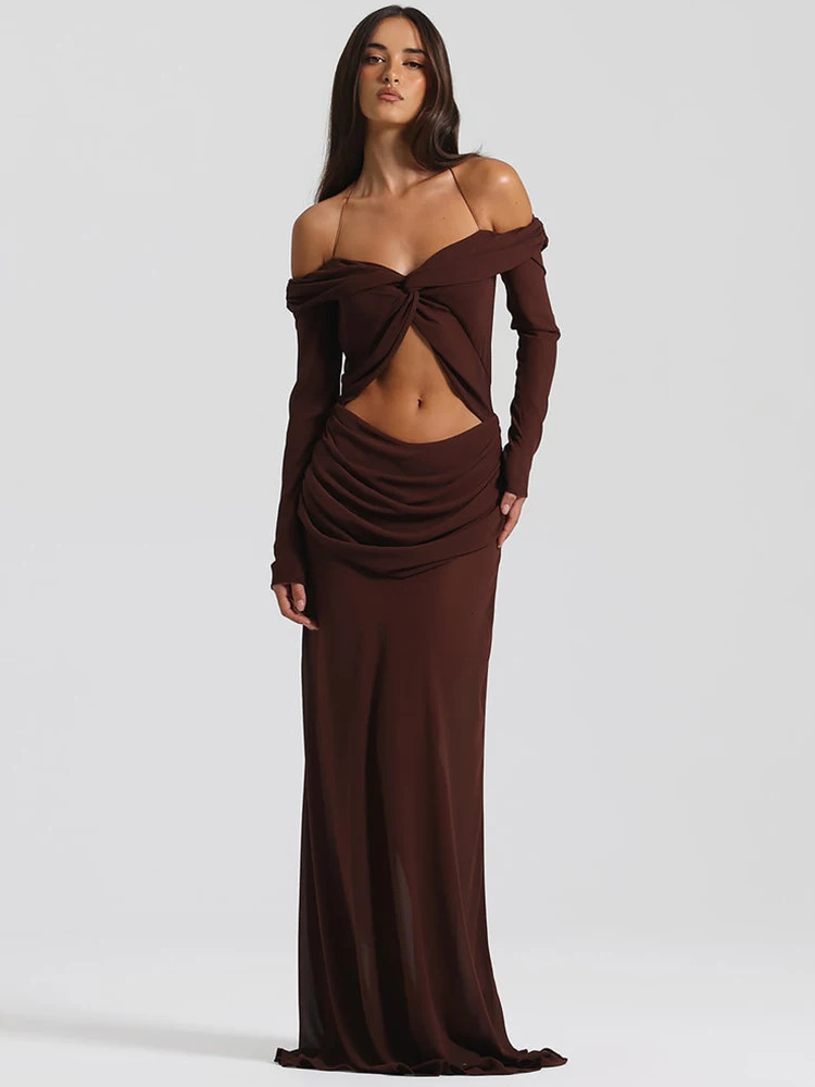 Mozision Hollow Ruffle Sexy Maxi Dress Womens Dress Strap Long Sleeve Strapless Ultra Thin Elegant Long Dress 250409