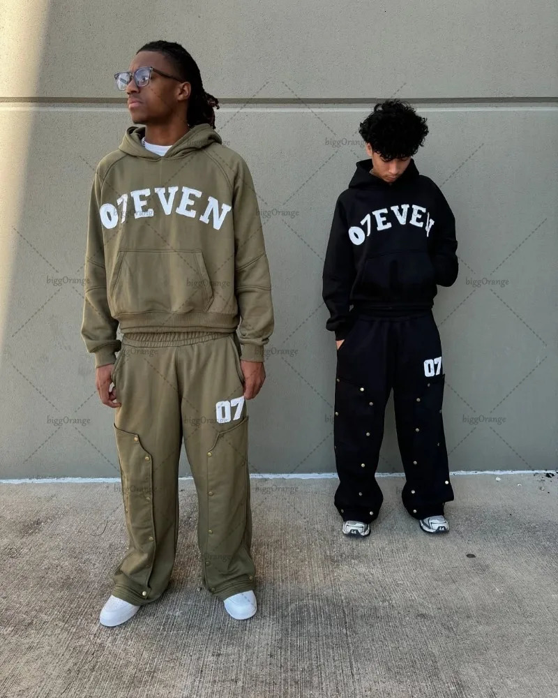 2025 European and American Printed Mens Super Large Hoodie Trousers Suit Buttons Decorative Pullover Clothing Pants 250409