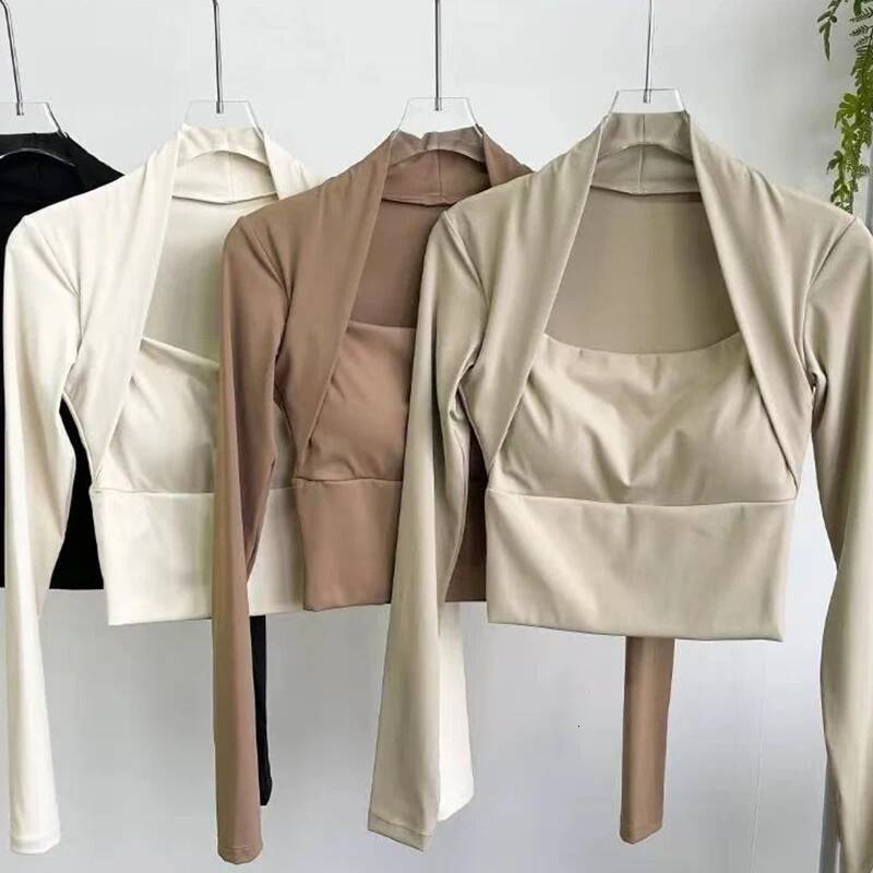 Women's Long Sleeve Shawl Sports with Chest Cushion Short Elegant Yoga Top Small Camback Pura Speed Dry Autumn