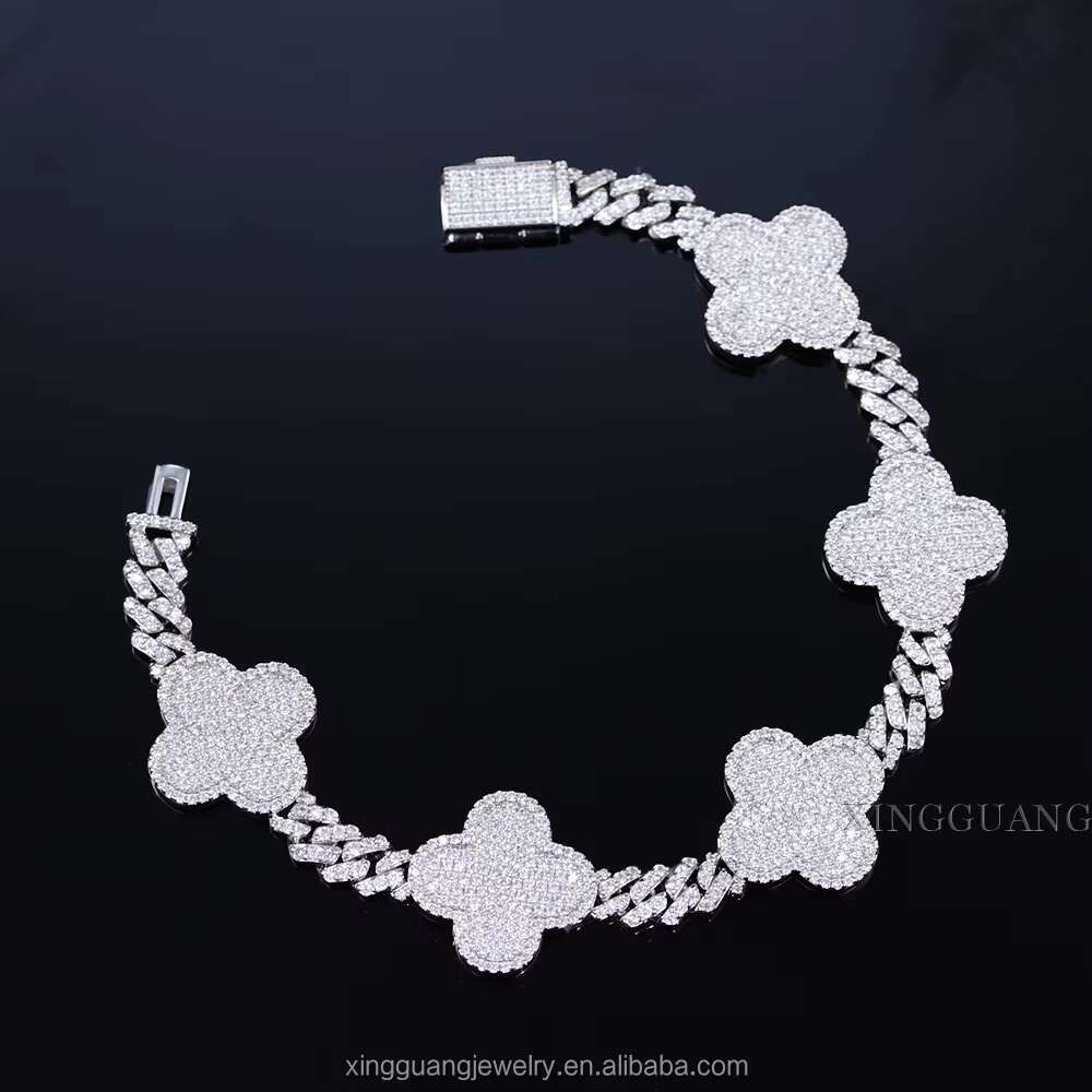 Special Design High Quality Jewelry Moissanite Chain Hip Hop 925 Silver Iced Out Four Leaf Clover Moissanite Cuban Link Chain