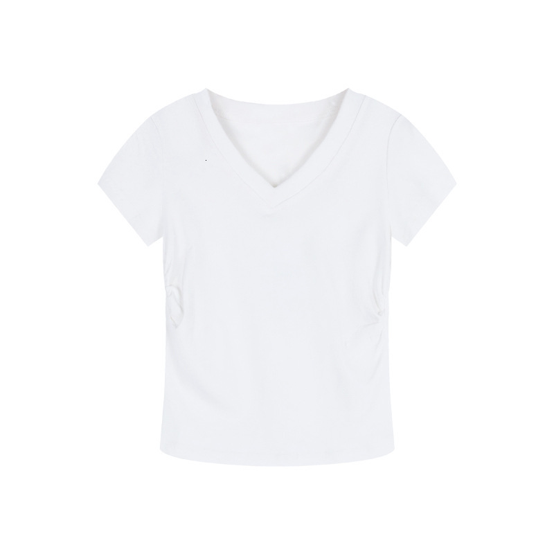 2025S Designer Women S T Shirt V Neck Sleeved T Shirt For Women S Summer New Front Shoulder Slim Fit Slimming And Pleated Short Style Student Solid Co