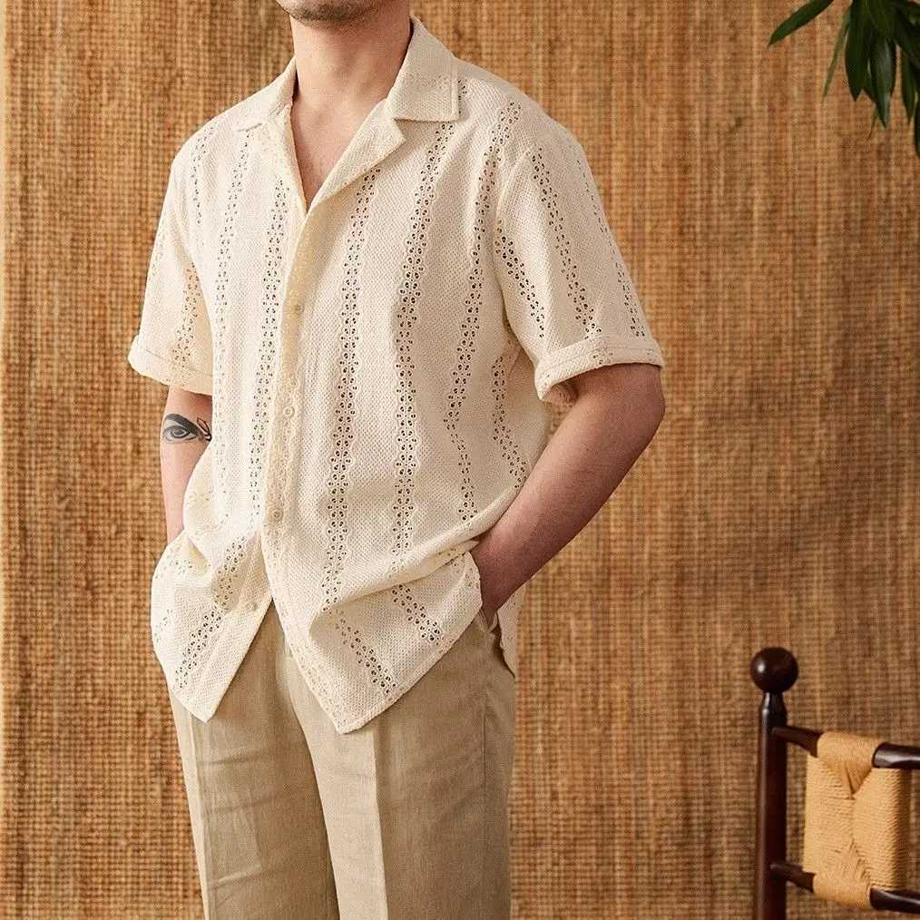 Summer thin jacket short sleeved shirt mens set light mature hollow leisure vacation Cuban collar casual shirt men X250410