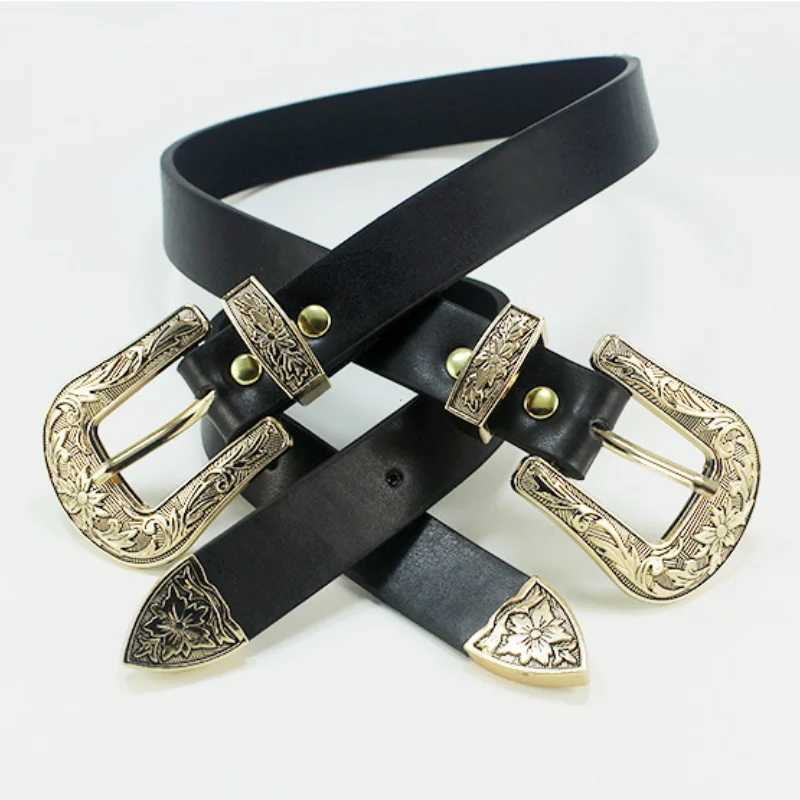 Fashion Retro Belt Carved Design Luxury Brands Metal Leather Belts for Wen Double Buckle Waist Baistband Fem X250410