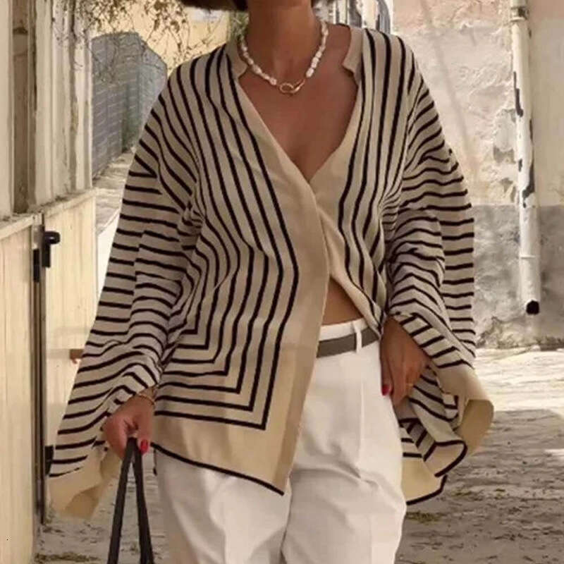 Rui Chuo Cross-Border Amazon Foreign Trade European and American Long Sleeve 2025 Autumn New Striped Loose Cardigan Shirt for Women