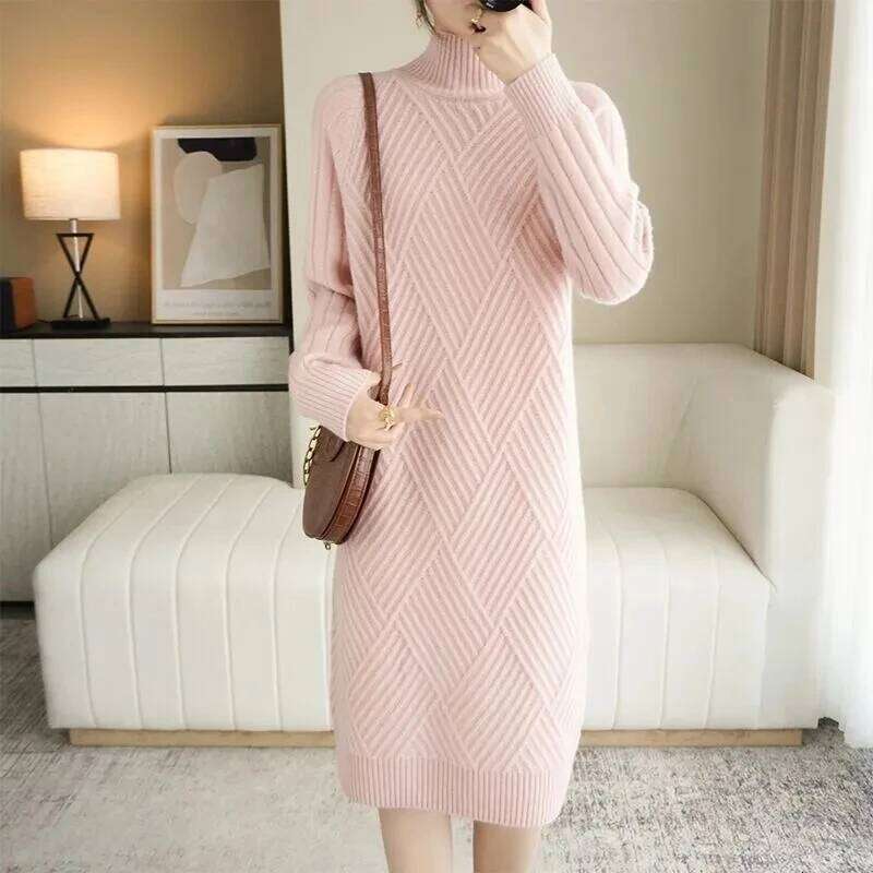 Long Sleeve Bottoming Knitted Autumn Winter Warm Korean Turtleneck Straight Sweater Dresses Women Casual Knee-Length