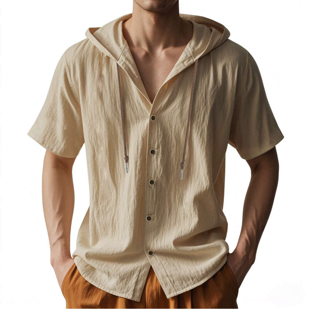 Cross-Border Amazon American Style Summer Men's Thin Breathable Linen Loose Hooded Short Sleeve Shirt for Men