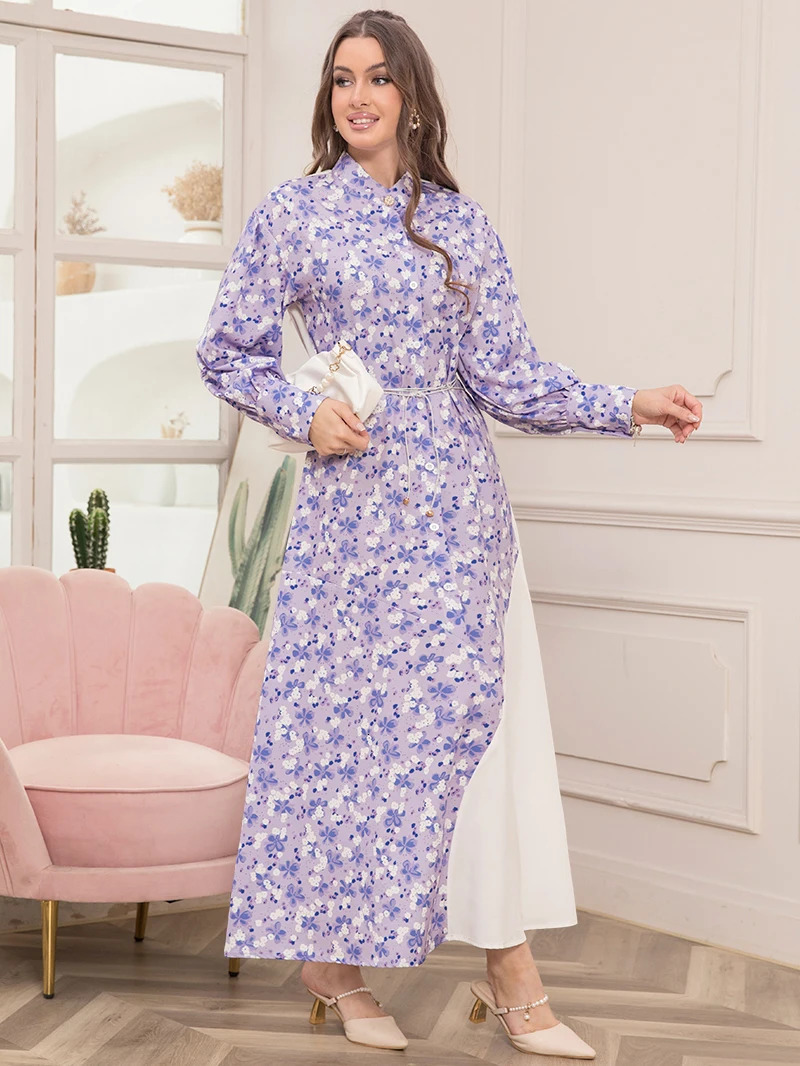 Elegant printed high neck contrasting color waistband shirt long sleeved dress - Womens fashionable slim fit long skirt 250409