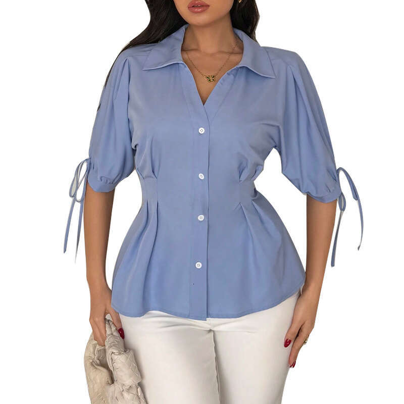 Cross-Border INS Foreign Trade European and American Solid Color Half Sleeve Drawstring 2025 Independent Station Elegant Waist-Cinching Cardigan Shirt