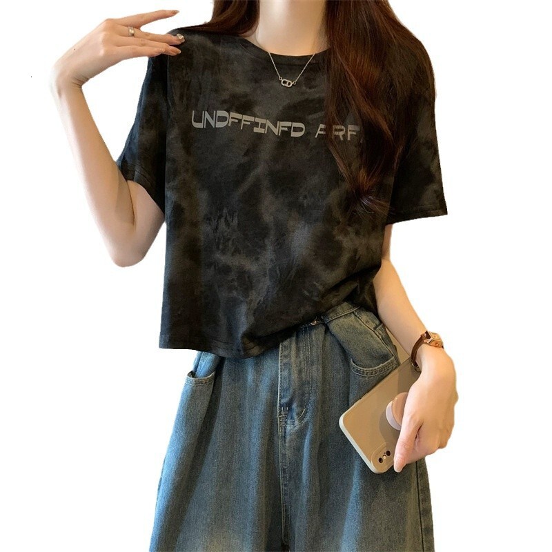 2025S Designer Women S T Shirt American Tie Dye Sleeved Letter Printed Loose Women S T Shirt Summer Design Sense Short Student Top